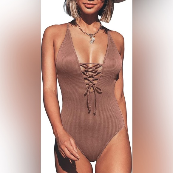 CUPSHE Women's Solid Color V‎ Neck Lace Up One Piece Swimsuit #1E - Picture 1 of 5